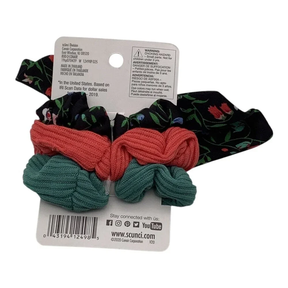 Scünci 3 Pcs‎ U Got This Hair Scrunchies W/ Floral Bow Coral & Teal Colors 12498